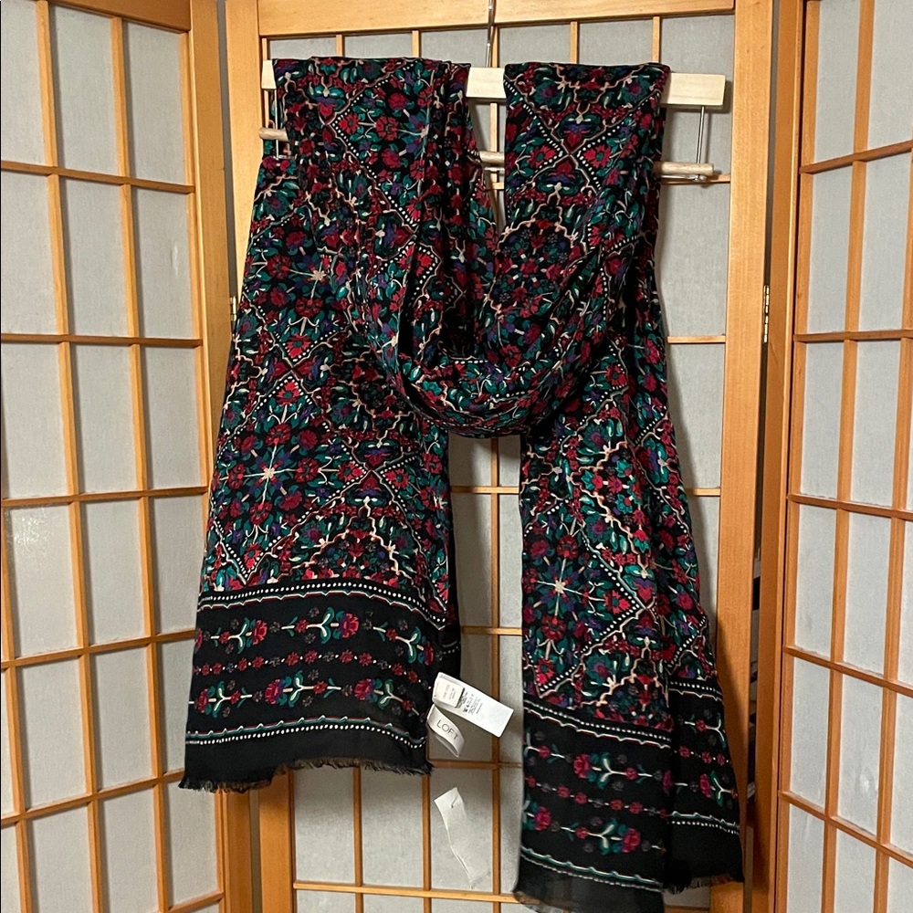 LOFT Black Floral Embroidered Detail Scarf Teal & Burgundy Accents One Size NWT